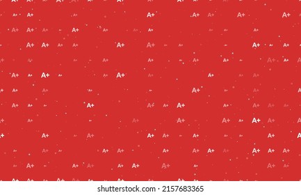 Seamless background pattern of evenly spaced white A plus symbols of different sizes and opacity. Vector illustration on red background with stars