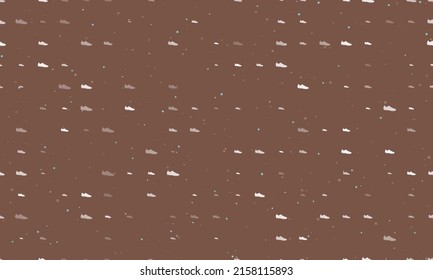 Seamless background pattern of evenly spaced white football boot symbols of different sizes and opacity. Vector illustration on brown background with stars