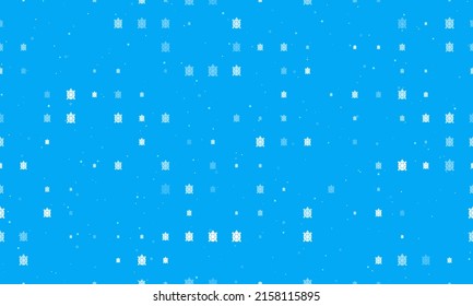 Seamless background pattern of evenly spaced white turtle symbols of different sizes and opacity. Vector illustration on light blue background with stars