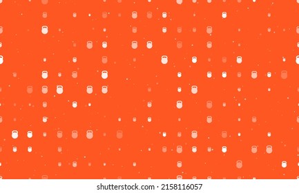 Seamless background pattern of evenly spaced white sports weight symbols of different sizes and opacity. Vector illustration on deep orange background with stars