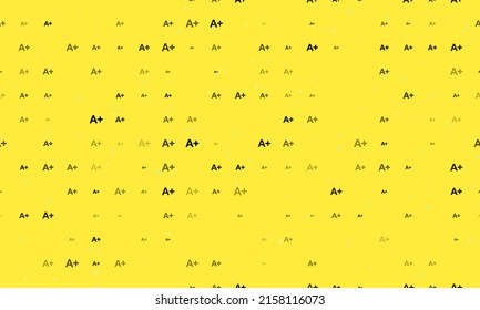 Seamless background pattern of evenly spaced black A plus symbols of different sizes and opacity. Vector illustration on yellow background with stars