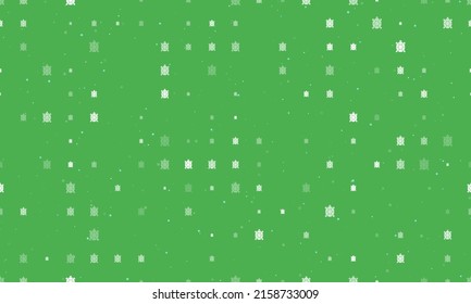 Seamless background pattern of evenly spaced white turtle symbols of different sizes and opacity. Vector illustration on green background with stars