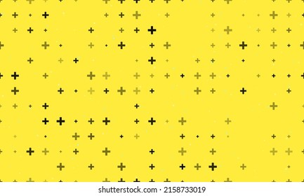 Seamless background pattern of evenly spaced black plus symbols of different sizes and opacity. Vector illustration on yellow background with stars