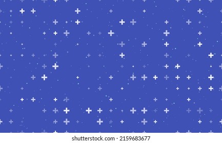Seamless background pattern of evenly spaced white plus symbols of different sizes and opacity. Vector illustration on indigo background with stars