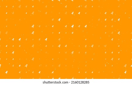 Seamless background pattern of evenly spaced white rocket symbols of different sizes and opacity. Vector illustration on orange background with stars