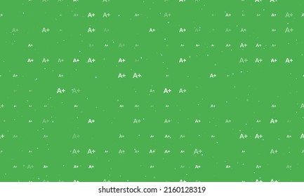 Seamless background pattern of evenly spaced white A plus symbols of different sizes and opacity. Vector illustration on green background with stars