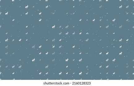 Seamless background pattern of evenly spaced white hare symbols of different sizes and opacity. Vector illustration on blue grey background with stars