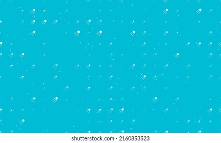 Seamless background pattern of evenly spaced white satellite symbols of different sizes and opacity. Vector illustration on cyan background with stars