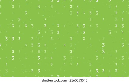 Seamless background pattern of evenly spaced white number three symbols of different sizes and opacity. Vector illustration on light green background with stars