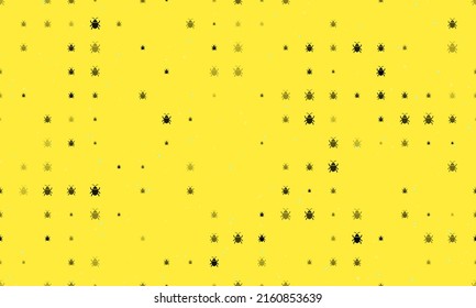 Seamless background pattern of evenly spaced black bug symbols of different sizes and opacity. Vector illustration on yellow background with stars