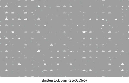 Seamless background pattern of evenly spaced white crown symbols of different sizes and opacity. Vector illustration on grey background with stars