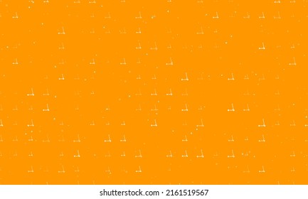 Seamless background pattern of evenly spaced white kick scooter symbols of different sizes and opacity. Vector illustration on orange background with stars