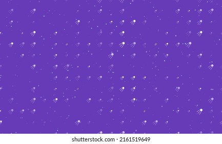 Seamless background pattern of evenly spaced white satellite symbols of different sizes and opacity. Vector illustration on deep purple background with stars