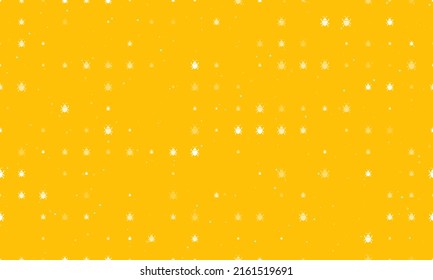 Seamless background pattern of evenly spaced white bug symbols of different sizes and opacity. Vector illustration on amber background with stars