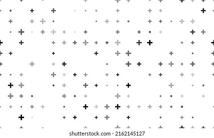 Seamless background pattern of evenly spaced black plus symbols of different sizes and opacity. Vector illustration on white background