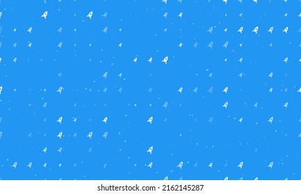 Seamless background pattern of evenly spaced white rocket symbols of different sizes and opacity. Vector illustration on blue background with stars