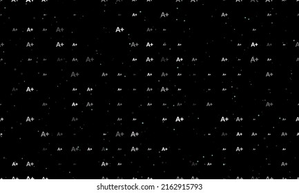 Seamless background pattern of evenly spaced white A plus symbols of different sizes and opacity. Vector illustration on black background with stars