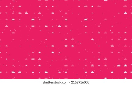 Seamless background pattern of evenly spaced white crown symbols of different sizes and opacity. Vector illustration on pink background with stars