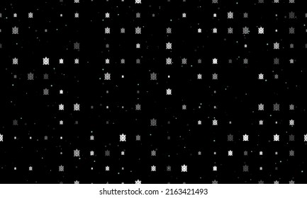 Seamless background pattern of evenly spaced white turtle symbols of different sizes and opacity. Vector illustration on black background with stars