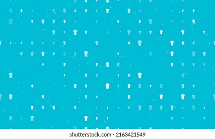 Seamless background pattern of evenly spaced white t-shirt symbols of different sizes and opacity. Vector illustration on cyan background with stars