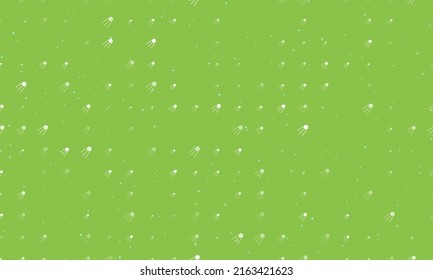 Seamless background pattern of evenly spaced white satellite symbols of different sizes and opacity. Vector illustration on light green background with stars