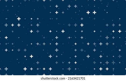 Seamless background pattern of evenly spaced white plus symbols of different sizes and opacity. Vector illustration on dark blue background with stars