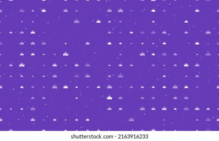 Seamless background pattern of evenly spaced white crown symbols of different sizes and opacity. Vector illustration on deep purple background with stars