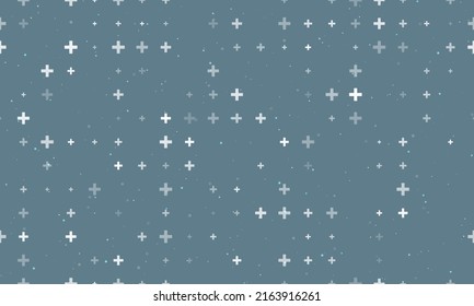 Seamless background pattern of evenly spaced white plus symbols of different sizes and opacity. Vector illustration on blue grey background with stars