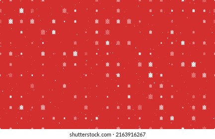 Seamless background pattern of evenly spaced white turtle symbols of different sizes and opacity. Vector illustration on red background with stars