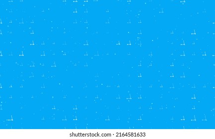 Seamless background pattern of evenly spaced white kick scooter symbols of different sizes and opacity. Vector illustration on light blue background with stars