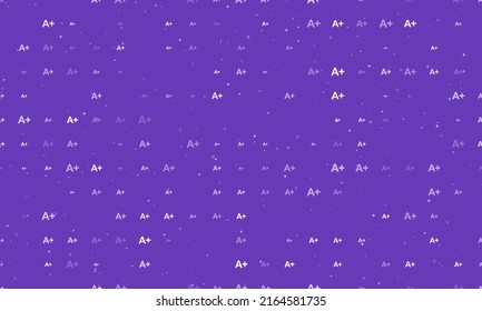 Seamless background pattern of evenly spaced white A plus symbols of different sizes and opacity. Vector illustration on deep purple background with stars