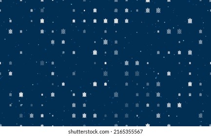 Seamless background pattern of evenly spaced white turtle symbols of different sizes and opacity. Vector illustration on dark blue background with stars