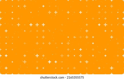 Seamless background pattern of evenly spaced white plus symbols of different sizes and opacity. Vector illustration on orange background with stars
