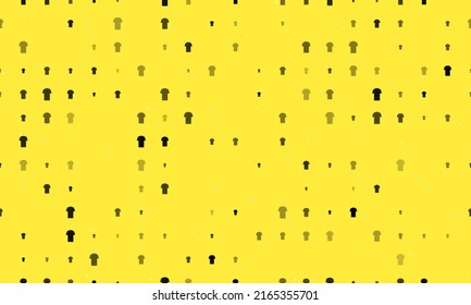 Seamless background pattern of evenly spaced black t-shirt symbols of different sizes and opacity. Vector illustration on yellow background with stars