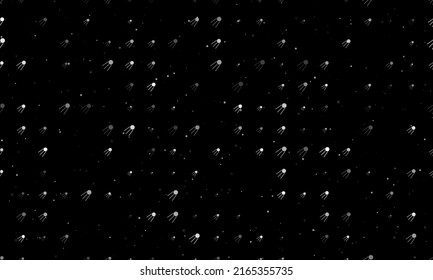 Seamless background pattern of evenly spaced white satellite symbols of different sizes and opacity. Vector illustration on black background with stars