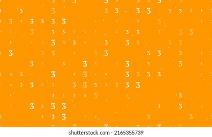 Seamless background pattern of evenly spaced white number three symbols of different sizes and opacity. Vector illustration on orange background with stars