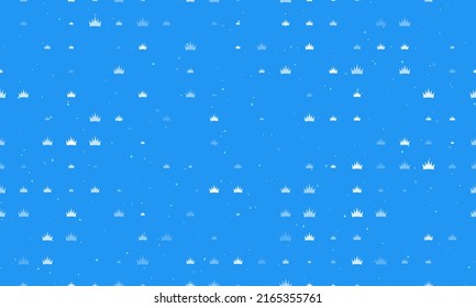 Seamless background pattern of evenly spaced white crown symbols of different sizes and opacity. Vector illustration on blue background with stars