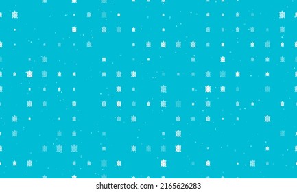 Seamless background pattern of evenly spaced white turtle symbols of different sizes and opacity. Vector illustration on cyan background with stars