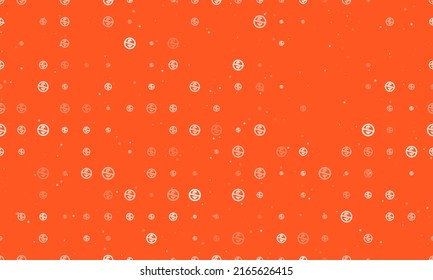 Seamless background pattern of evenly spaced white no dollar symbols of different sizes and opacity. Vector illustration on deep orange background with stars