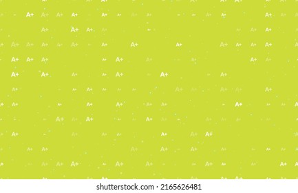 Seamless background pattern of evenly spaced white A plus symbols of different sizes and opacity. Vector illustration on lime background with stars