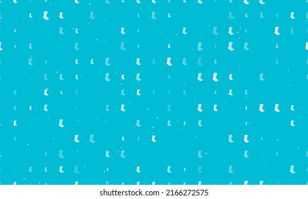 Seamless background pattern of evenly spaced white socks symbols of different sizes and opacity. Vector illustration on cyan background with stars