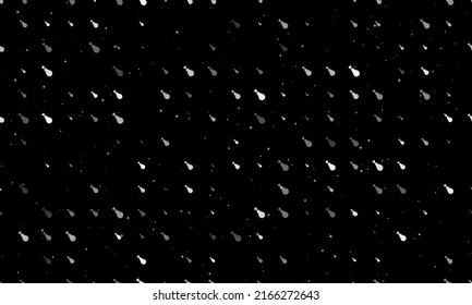 Seamless background pattern of evenly spaced white chicken's leg symbols of different sizes and opacity. Vector illustration on black background with stars