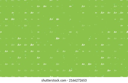 Seamless background pattern of evenly spaced white A plus symbols of different sizes and opacity. Vector illustration on light green background with stars