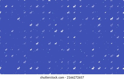 Seamless background pattern of evenly spaced white hare symbols of different sizes and opacity. Vector illustration on indigo background with stars