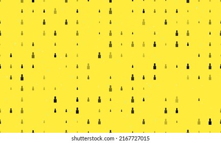 Seamless background pattern of evenly spaced black nail polish symbols of different sizes and opacity. Vector illustration on yellow background with stars