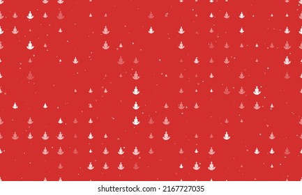 Seamless background pattern of evenly spaced white yoga symbols of different sizes and opacity. Vector illustration on red background with stars
