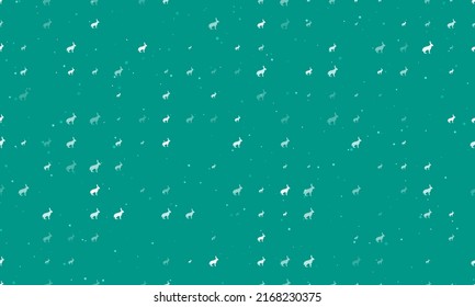 Seamless background pattern of evenly spaced white hare symbols of different sizes and opacity. Vector illustration on teal background with stars