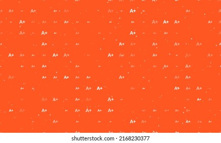 Seamless background pattern of evenly spaced white A plus symbols of different sizes and opacity. Vector illustration on deep orange background with stars