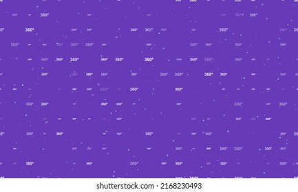Seamless background pattern of evenly spaced white 360 degree symbols of different sizes and opacity. Vector illustration on deep purple background with stars
