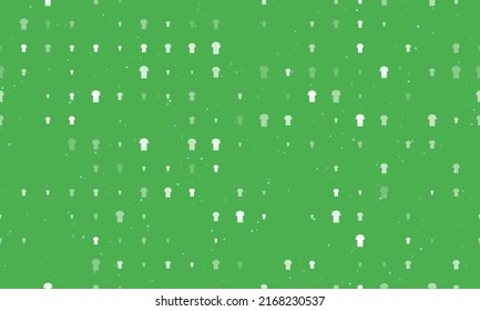 Seamless background pattern of evenly spaced white t-shirt symbols of different sizes and opacity. Vector illustration on green background with stars